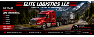 Elite Logistics LLC red Peterbilt semi-truck hauling oversize industrial equipment on a flatbed trailer through a Montana mountain pass — long haul trucking, big loads, zero compromises
