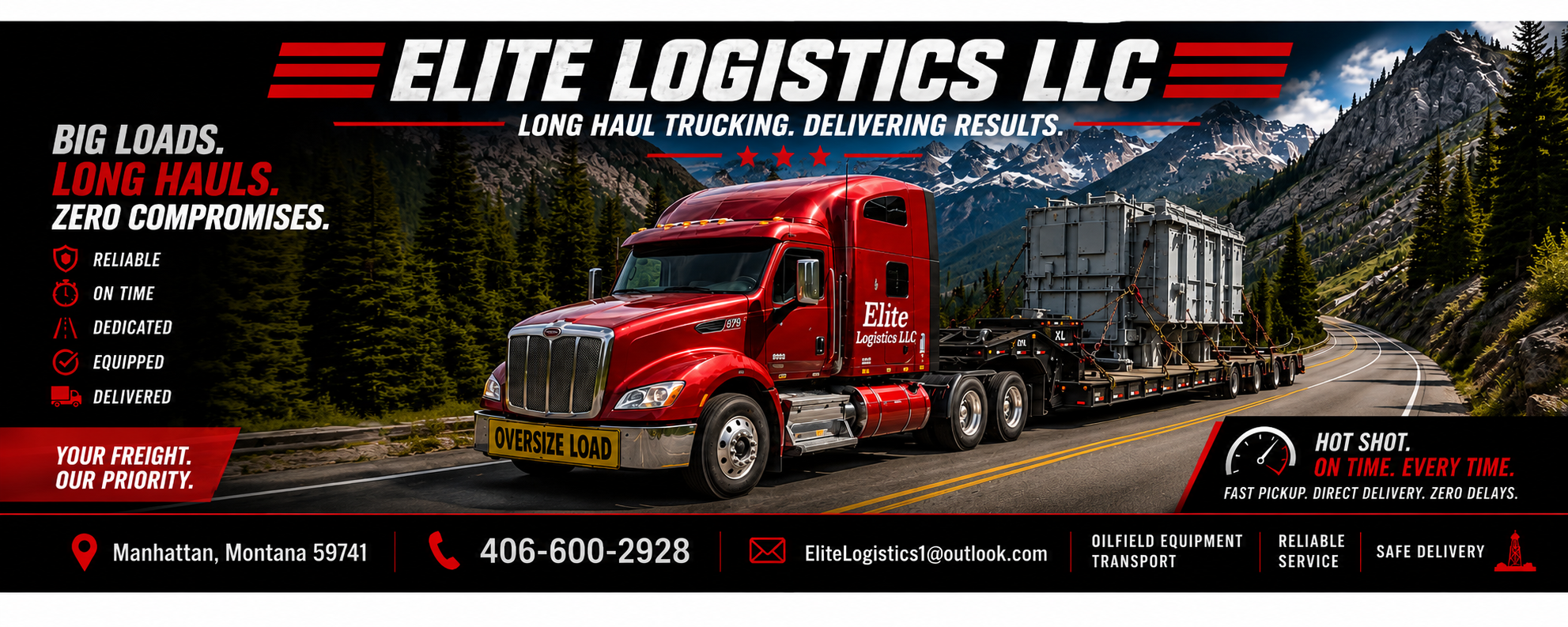 Elite Logistics LLC red Peterbilt semi-truck hauling oversize industrial equipment on a flatbed trailer through a Montana mountain pass — long haul trucking, big loads, zero compromises