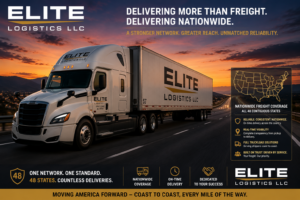 Elite Logistics LLC long-haul semi-truck transporting freight across America at sunset, highlighting nationwide freight coverage, coast-to-coast trucking services, and reliable transportation solutions.