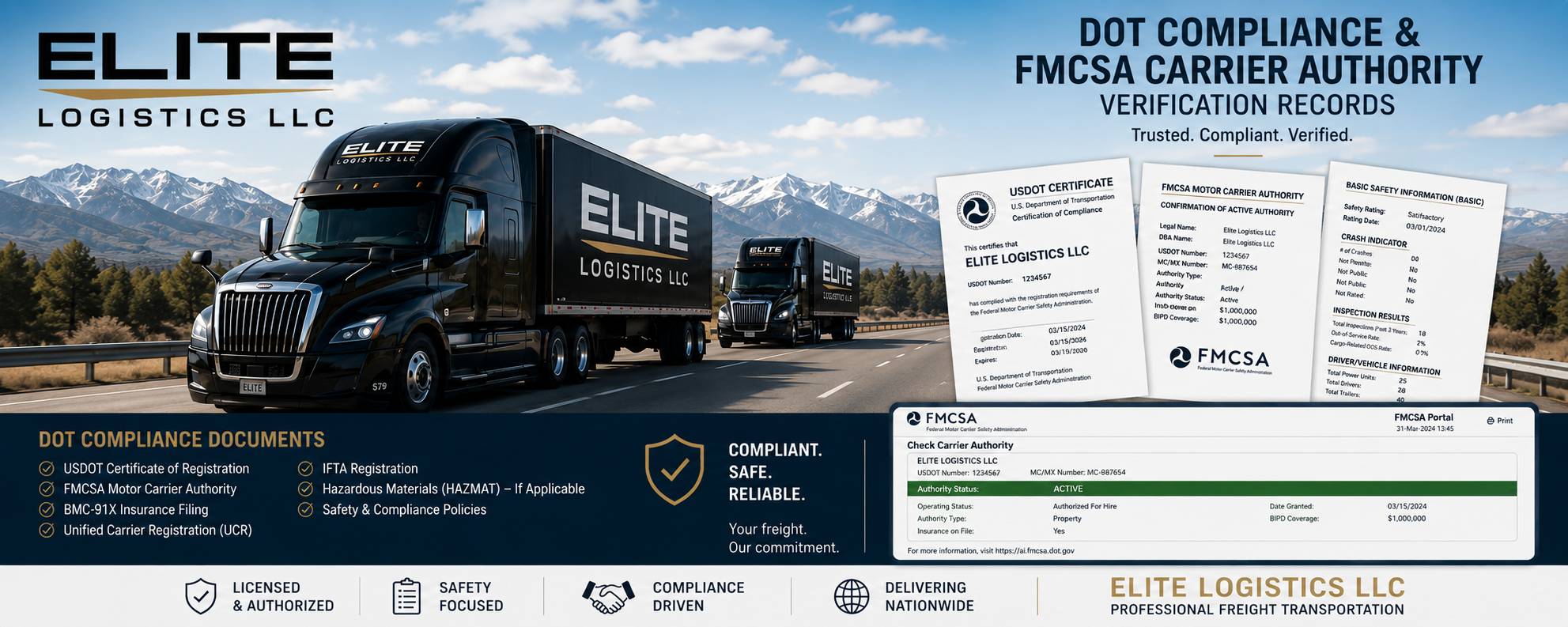 Elite Logistics LLC DOT compliance and FMCSA carrier authority verification banner featuring commercial semi-trucks, active carrier authority records, safety compliance documentation, and nationwide freight transportation services.