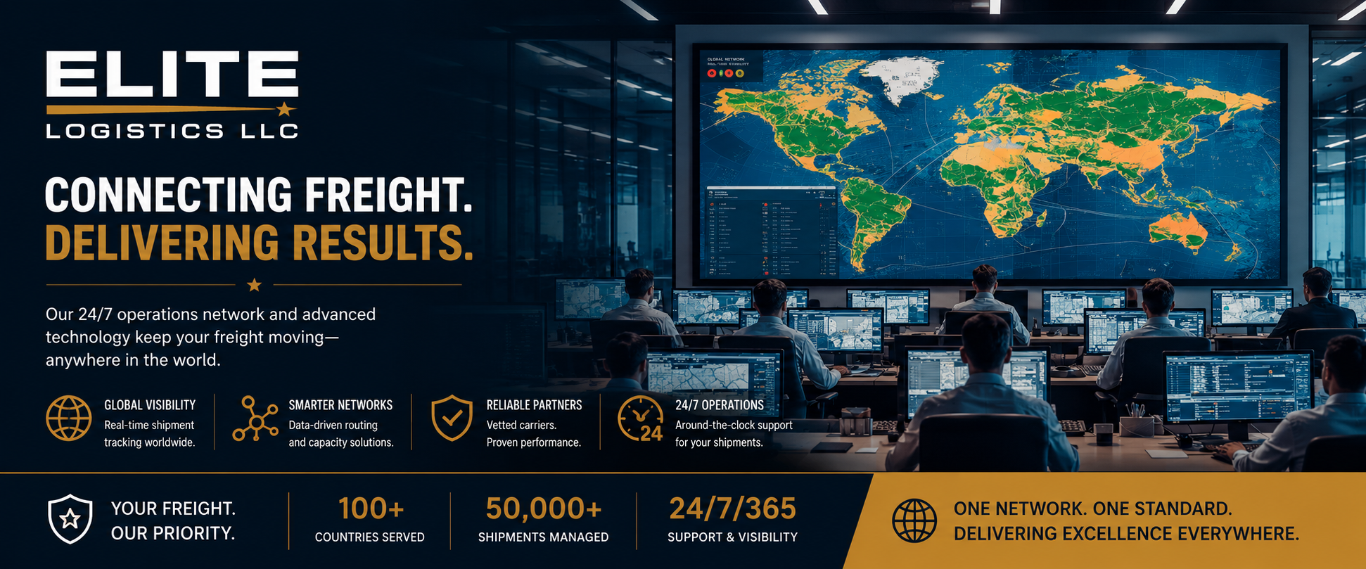 Elite Logistics LLC global freight operations center featuring real-time shipment tracking, worldwide logistics monitoring, transportation management technology, and 24/7 freight visibility across international shipping networks.