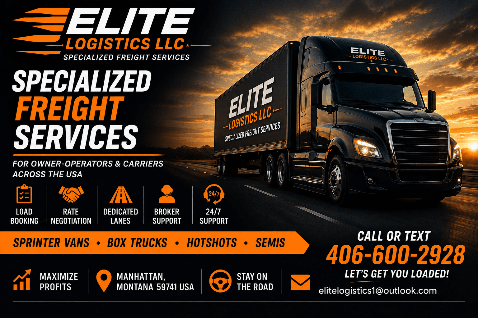 Elite Logistics semi truck on highway at sunset