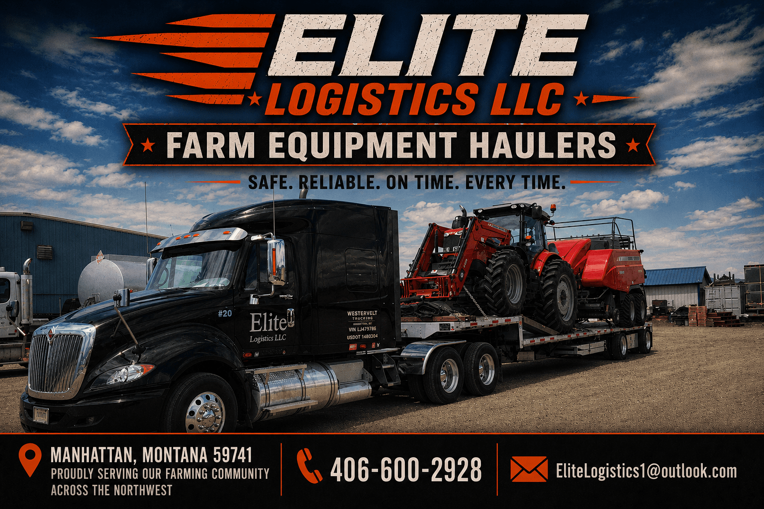 Elite Logistics LLC Farm Equipment Haulers flatbed truck transporting red tractor in Manhattan Montana