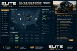 Real-time freight shipment tracking dashboard displaying GPS truck locations and live delivery status updates — the kind of visibility Elite Logistics LLC provides to every client. 