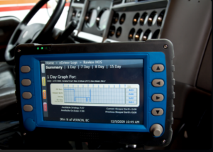 ELD electronic logging device tablet mounted in commercial truck cab recording hours of service data for FMCSA compliance and DOT regulatory requirements — Elite Logistics LLC