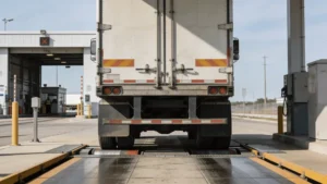 DOT roadside inspection checkpoint with commercial trucks being checked by enforcement officers for FMCSA compliance violations affecting CSA scores and motor carrier safety ratings — Elite Logistics LLC
