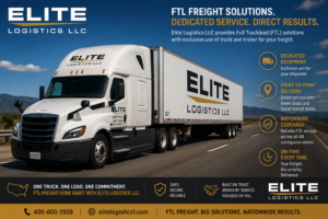Flatbed truck transporting heavy industrial equipment, representing specialized freight shipping rates for oversized loads with Elite Logistics LLC