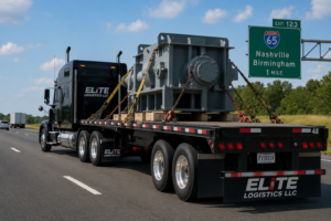 Elite Logistics LLC flatbed truck hauling secured open-deck cargo on a major U.S. interstate highway — professional nationwide flatbed trucking services.