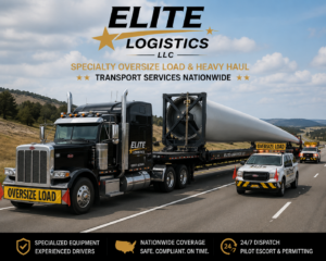 Flatbed semi-truck hauling an oversized wind turbine blade along a U.S. highway with pilot escort vehicles — Elite Logistics LLC specialty oversize load and heavy haul transport services.