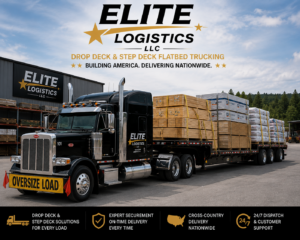 Step deck trailer loaded with lumber and building materials staged for cross-country delivery — Elite Logistics LLC drop deck and step deck flatbed trucking services nationwide.