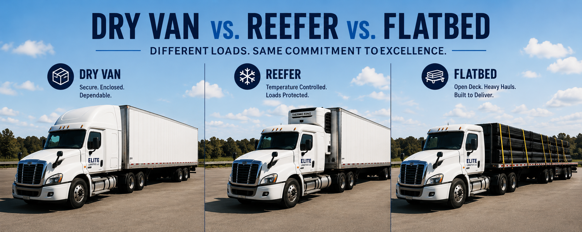 Dry Van vs. Reefer vs. Flatbed trucking comparison banner featuring three Elite Logistics LLC semi-trucks, including a dry van trailer, refrigerated reefer trailer, and flatbed trailer hauling freight on a commercial transportation lot.