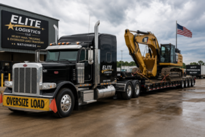 Flatbed trailer loaded with heavy construction machinery at a commercial staging facility — Elite Logistics LLC heavy haul trucking and oversized load transport nationwide.