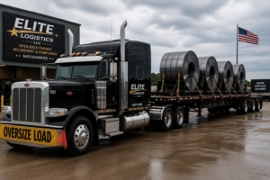 Steel coils secured on a flatbed trailer using DOT-compliant chains, coil cradles, and tie-down straps — Elite Logistics LLC open-deck freight securement and compliance.