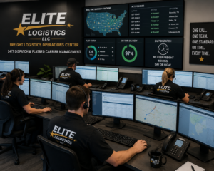 Freight logistics operations center with dispatchers coordinating real-time flatbed trucking shipments — Elite Logistics LLC 24/7 dispatch and flatbed carrier management team.