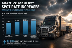2026 Truckload Market Spot Rate Increases bar chart infographic showing freight rate increases of 18 percent for van refrigerated, 19 to 21 percent for flatbed, 20 to 22 percent for power only, and 21 to 23 percent for the overall truckload market compared to 2025, with a black Freightliner semi-truck fleet under dramatic storm clouds illustrating the 2026 trucking industry crisis and rising freight costs for shippers