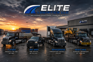 Elite Logistics LLC full fleet lineup at sunset showing four specialized freight service vehicles — a Freightliner flatbed truck hauling steel pipe, a RAM hot shot truck for time-critical deliveries, a Freightliner refrigerated Thermo King reefer trailer for temperature controlled freight, and a Volvo heavy haul truck with oversize load signage hauling construction equipment — positioned at an Elite Logistics LLC freight depot in Manhattan Montana, representing reliable full-service freight carrier solutions during the 2026 trucking industry crisis
