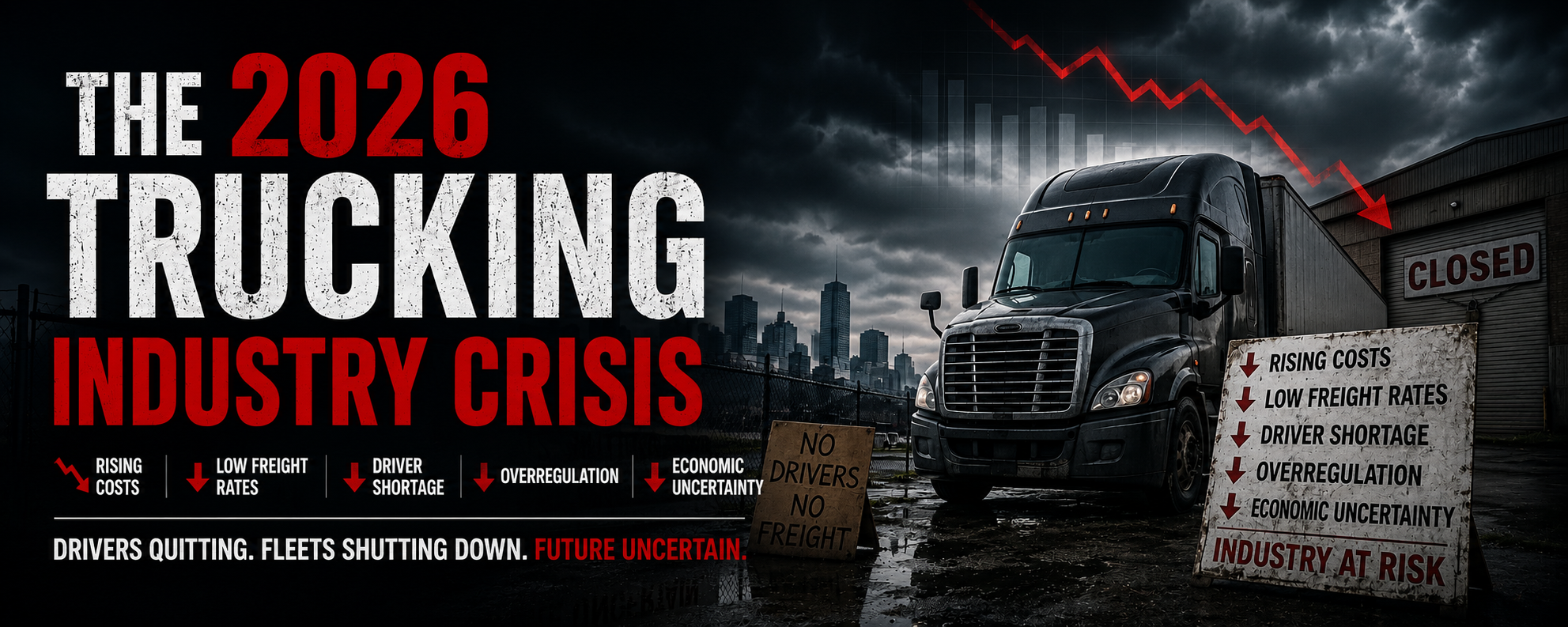 The 2026 Trucking Industry Crisis banner image featuring a black semi-truck parked outside a closed freight facility under dark storm clouds. A red downward-trending chart symbolizes declining freight market conditions, while signs highlight rising costs, low freight rates, driver shortages, overregulation, and economic uncertainty affecting the trucking industry.
