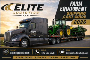 Elite Logistics LLC semi tractor-trailer hauling a large green farm tractor and agricultural planting equipment on a flatbed trailer along a rural highway at sunset. The truck features Elite Logistics branding on the cab door, while the image displays the headline "Farm Equipment Shipping Cost Guide 2026" along with company contact information including website, phone number, and email address.