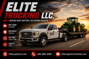 Elite Trucking LLC white Ford Super Duty hot shot truck hauling a large green agricultural tractor and farm equipment on a gooseneck flatbed trailer during sunset, featuring company branding, website, phone number, and email contact information.