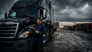 🖼️ Complete Image Metadata — CDL Driver Clipboard Photo✅ SEO File Name Rename before uploading to WordPress: 2026-trucking-industry-crisis-cdl-driver-shortage-fmcsa-regulations-elite-logistics-llc.jpg ✅ Alt Text (WordPress Media Library → Alt Text field) Elite Logistics LLC CDL truck driver in a navy blue uniform reviewing freight documents on a clipboard beside a black Freightliner semi-truck cab at a rainy intermodal freight yard, illustrating the 2026 trucking industry crisis and worsening CDL driver shortage caused by new FMCSA qualification rules