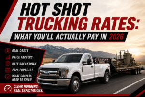 Hot shot trucking truck hauling industrial equipment on a gooseneck flatbed trailer through a Montana mountain highway at sunset