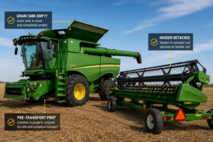 Close-up of a combine harvester in a harvested field with the header detached and secured on a header cart, and the grain tank emptied as part of proper pre-transport preparation for agricultural equipment shipping.