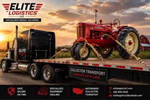 Elite Logistics semi-truck hauling a restored antique red tractor securely strapped to a flatbed trailer for collector transport.
