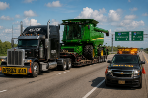 Elite Logistics LLC semi tractor-trailer hauling an oversized combine harvester on a lowboy trailer with a pilot car escort traveling on an interstate highway.