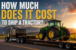 Black semi-truck hauling a large green farm tractor on a flatbed trailer along a scenic highway at sunset with the text overlay, "How Much Does It Cost to Ship a Tractor?"