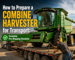 How to Prepare a Combine Harvester for Transport: Complete Pre-Shipping Checklist banner showing a green combine harvester secured on a flatbed trailer for agricultural equipment shipping.
