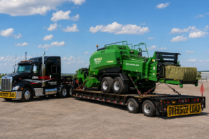 Large industrial square hay baler with attached bale accumulator loaded on a step-deck trailer for oversize transport.