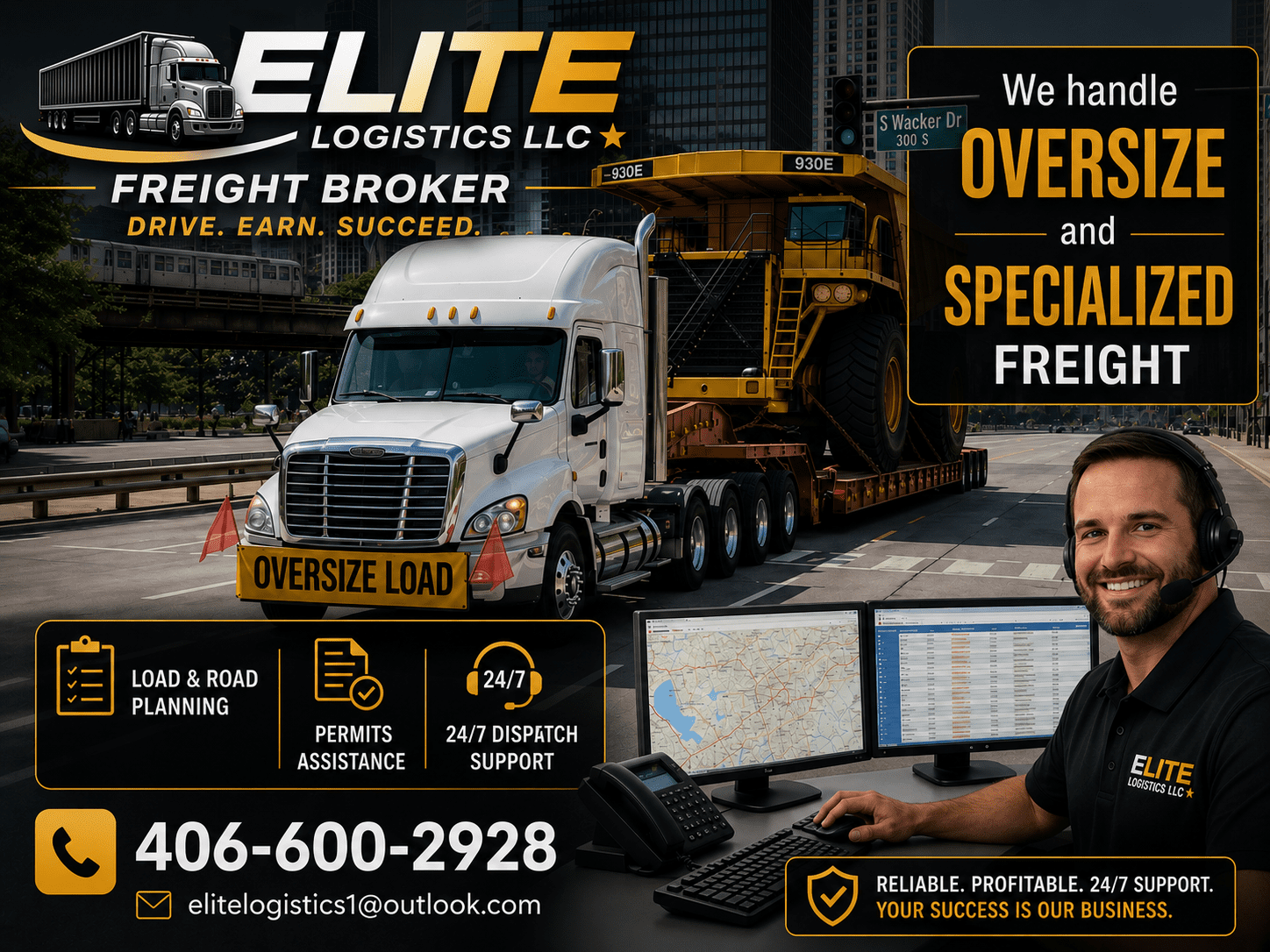 White semi hauling oversized yellow dump truck, dispatcher