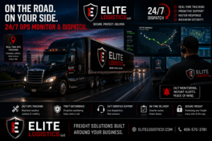 Elite Logistics LLC branded truck hauling freight under 24/7 GPS-monitored dispatch