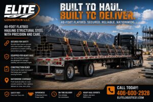 Flatbed trailer loaded with steel beams secured with chains and straps at a Montana job site