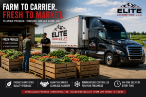 Fresh vegetable crates staged at a farm loading area for produce trucking pickup