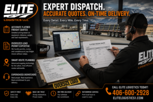 Dispatcher reviewing flatbed freight rate breakdown and permit paperwork