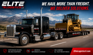 Flatbed semi truck hauling heavy equipment on highway