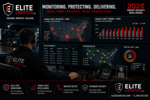 Freight dispatch monitoring dashboard tracking cargo theft trends and shipment routes in 2026