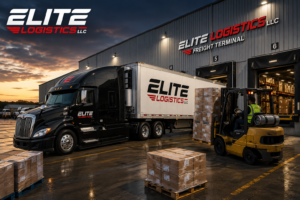 LTL freight terminal with pallets being loaded by forklift