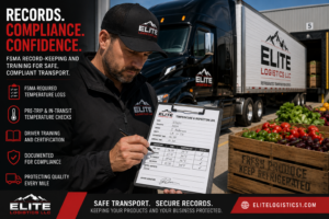 Truck driver reviewing a temperature and inspection log clipboard before a produce haul