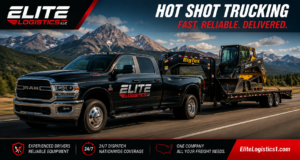 Hot shot trucking pickup truck pulling gooseneck flatbed trailer on highway
