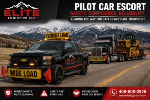 Elite Logistics LLC pilot car escort vehicle leading an oversized load semi truck hauling heavy construction equipment on a highway with warning lights, wide load signage, company logo, and phone number 406-600-2928.