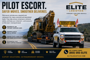 Elite Logistics pilot escort vehicle leading an oversized construction equipment load on a specialized trailer, illustrating how pilot car services help maintain safety, route compliance, and legal transport requirements for oversized freight.