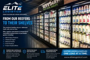 Elite Logistics refrigerated trucking delivering milk and dairy products to a grocery store dairy aisle, illustrating the reefer vs refrigerated truck comparison for temperature-controlled freight transportation.