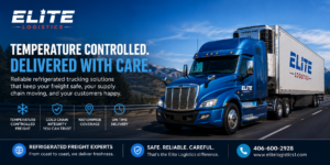 Elite Logistics blue semi-truck hauling a refrigerated reefer trailer on a highway with the text "Temperature Controlled. Delivered With Care." illustrating temperature-controlled freight transportation, refrigerated trucking services, cold chain logistics, and nationwide reefer shipping.