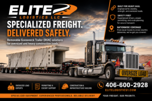 Elite Logistics removable gooseneck (RGN) trailer hauling oversized precast concrete construction materials on a heavy-haul trailer with Elite Logistics branding, oversized load banner, and phone number 406-600-2928, representing nationwide specialized freight transportation services.