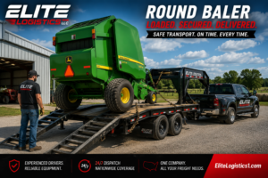 Farm equipment loaded on gooseneck trailer for transport