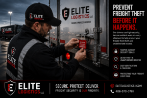Driver applying a high-security tamper-evident seal to a trailer to prevent freight theft
