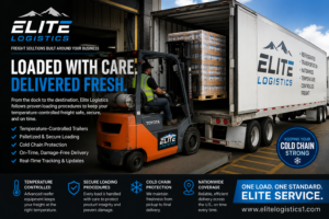 Elite Logistics forklift operator loading palletized freight into a refrigerated reefer trailer, demonstrating the temperature-controlled freight loading process for cold chain transportation.