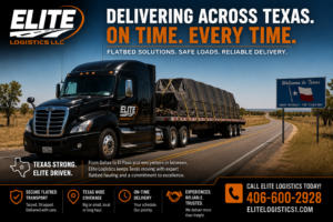 Elite Logistics flatbed semi-truck hauling a securely tarped freight load along a two-lane Texas highway under clear blue skies, featuring Elite Logistics branding, Texas flatbed trucking services, nationwide freight transportation, and the phone number 406-600-2928.